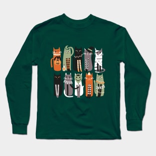 High Gothic Halloween Cats // print // green background orange brown sage green white and black kittens Long Sleeve T-Shirt